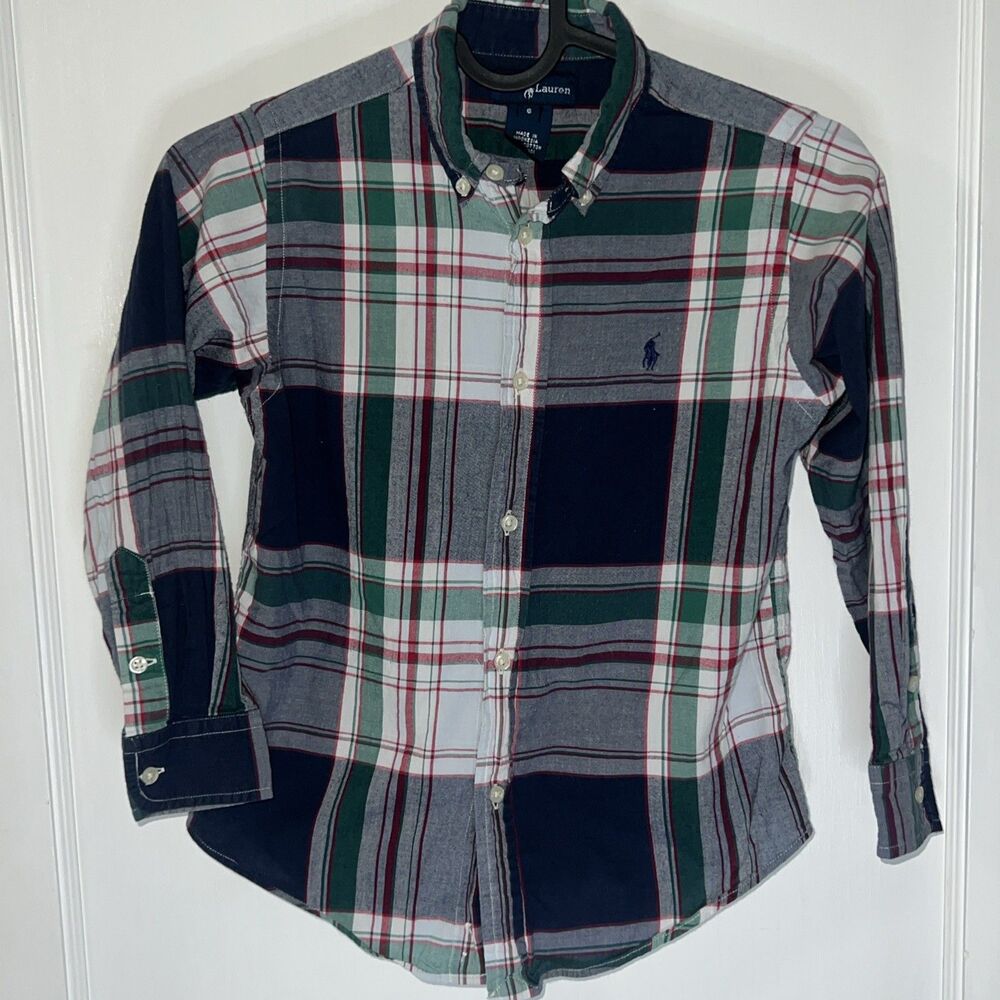 Preppy Ralph Lauren Plaid Button Down Shirt Kids Size 6 Green Blue Cotton Modern